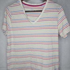 Lands' End T-shirt White Neon Rainbow Striped Short Sleeve V-neck Large